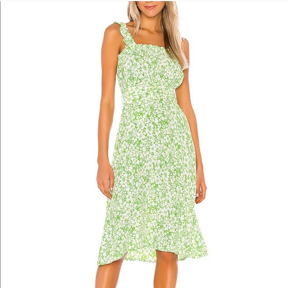 Faithfull the Brand Crepe Smocked Bodice Belted Crepe Mae Midi Dress Small